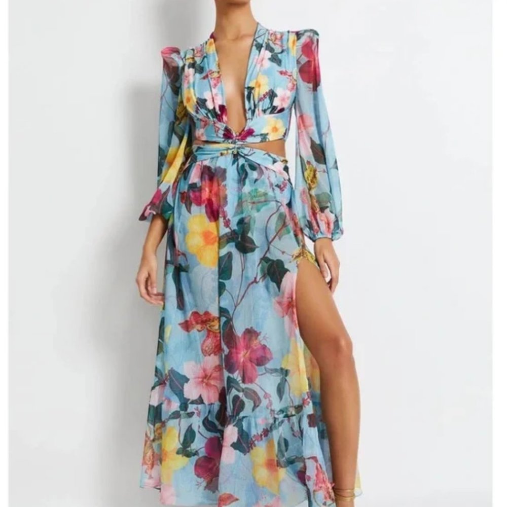 PatBo Hibiscus Cut Out Maxi Dress Blue Size Medium